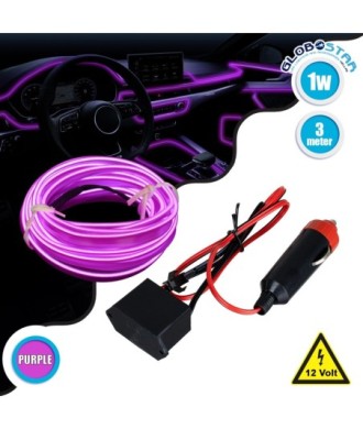 GloboStar® 82207 TUBE 360° Degree Διακοσμητική EL-Wire Neon Αυτοκινήτου Κορδόνι ΣΕΤ 3m 1W-3m 30lm-m 360° DC 12V με Βύσμα Αναπτήρα Αυτοκινήτου Αδιάβροχη IP68 Μωβ